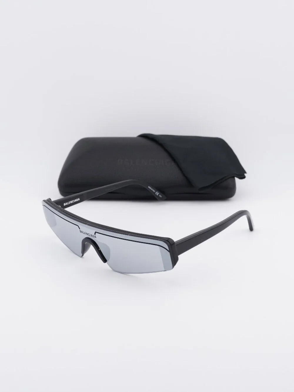 Balenciaga BB0003S 005 Shield Sunglasses - Black / Silver Mirror